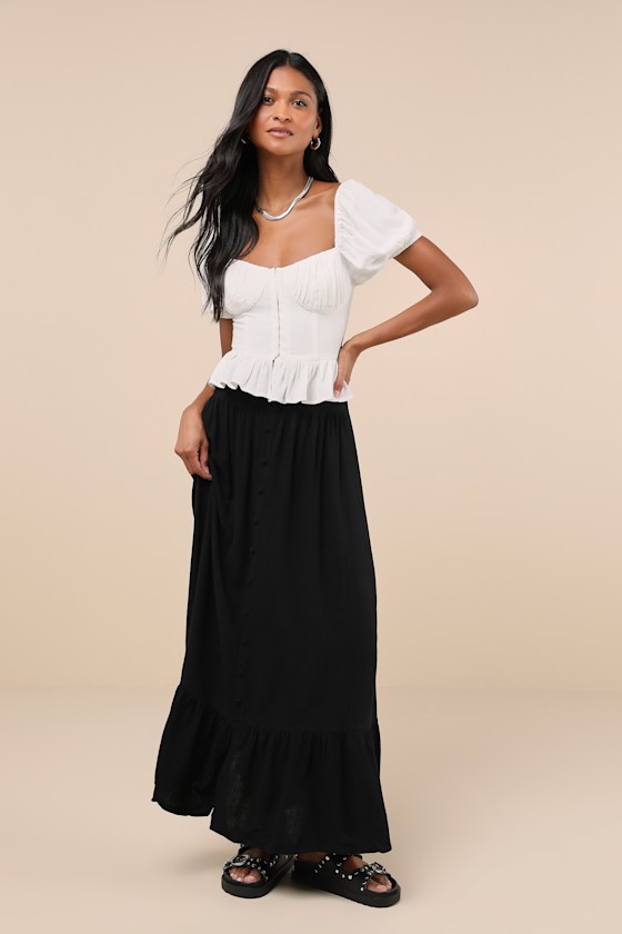 LULUS EXCEPTIONAL CUTENESS BLACK LINEN BUTTON-FRONT MIDI SKIRT