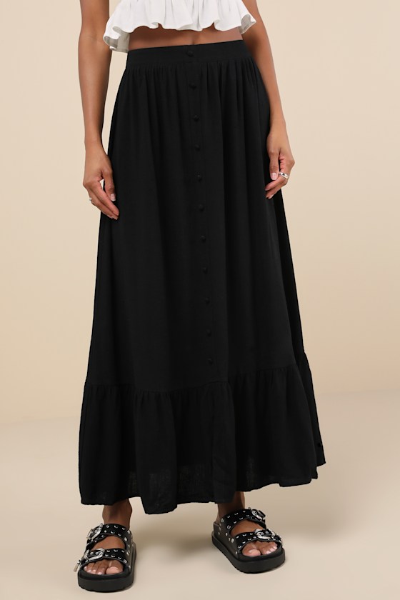 LULUS EXCEPTIONAL CUTENESS BLACK LINEN BUTTON-FRONT MIDI SKIRT