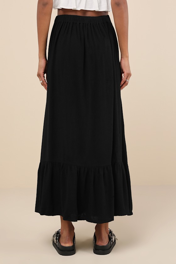 LULUS EXCEPTIONAL CUTENESS BLACK LINEN BUTTON-FRONT MIDI SKIRT
