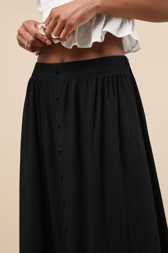 LULUS EXCEPTIONAL CUTENESS BLACK LINEN BUTTON-FRONT MIDI SKIRT