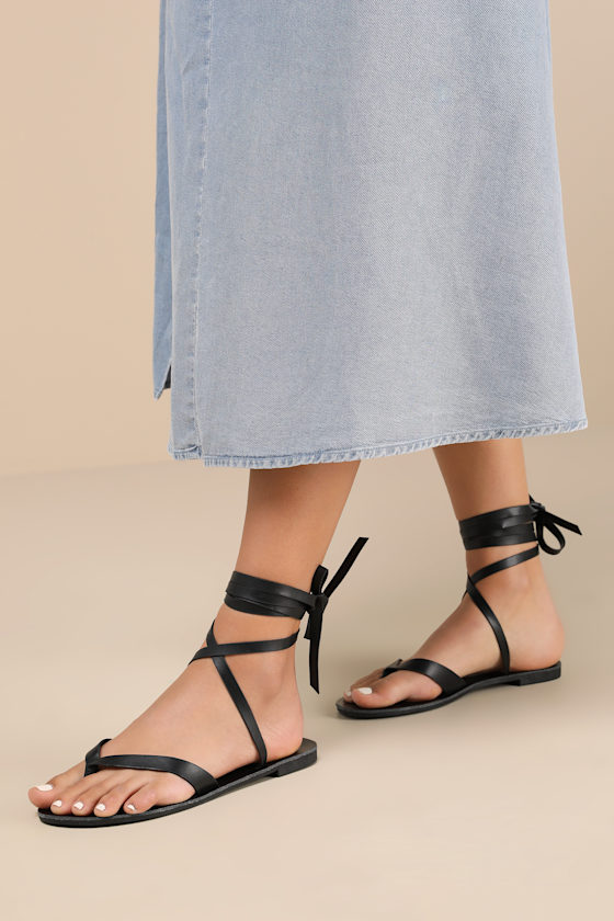 Maire Black Lace-Up Flat Thong Sandals 1