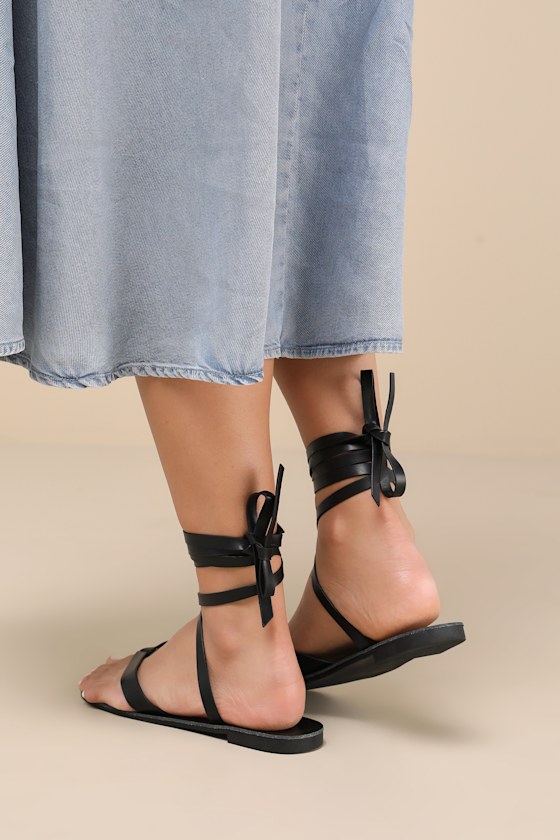 Black Flat Sandals - Lace-Up Thong Sandals - Flat Thong