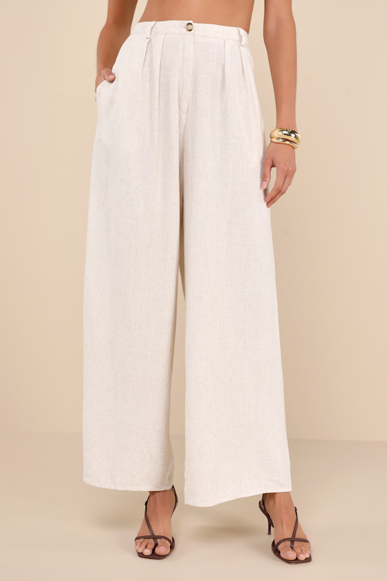 Sweet Instincts Beige Linen High-Waisted Wide-Leg Trouser Pants 7