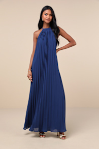 Exceptionally Elegant Blue Pleated Chiffon Maxi Dress 1