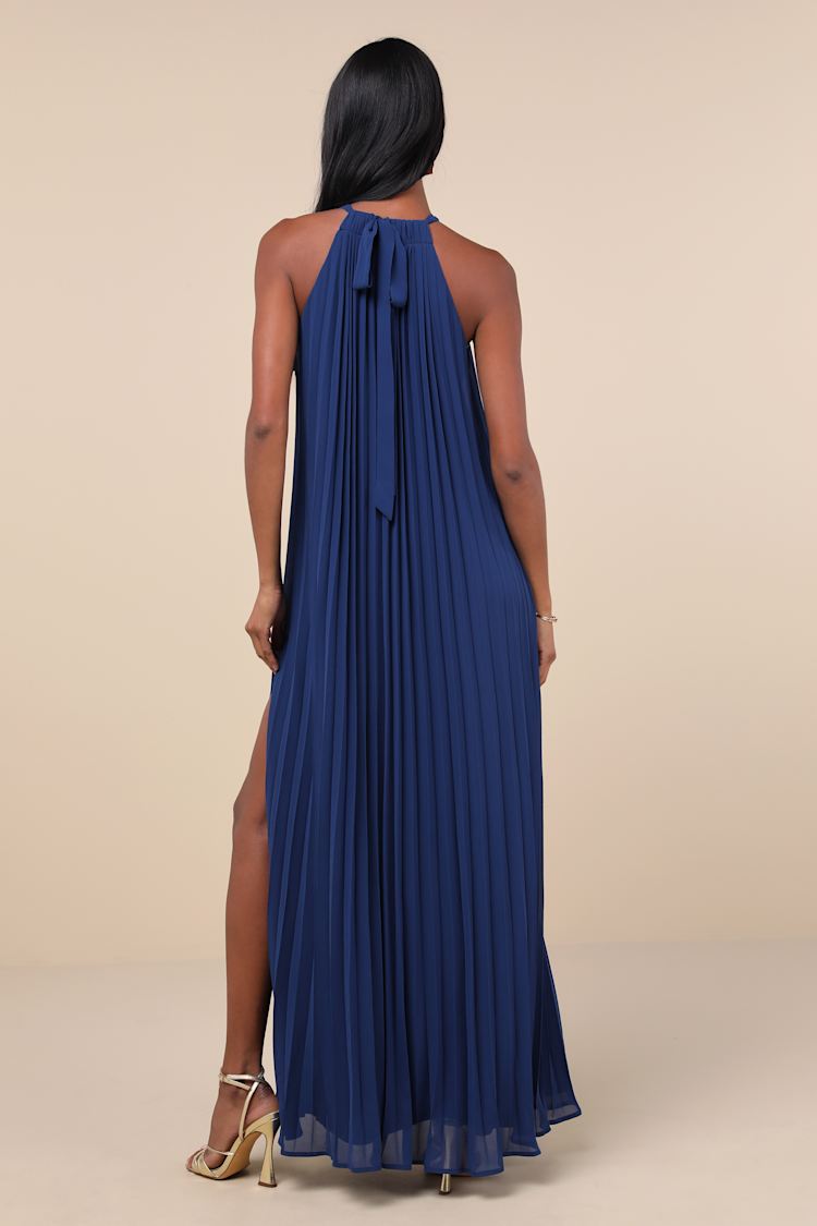 Exceptionally Elegant Blue Pleated Chiffon Maxi Dress