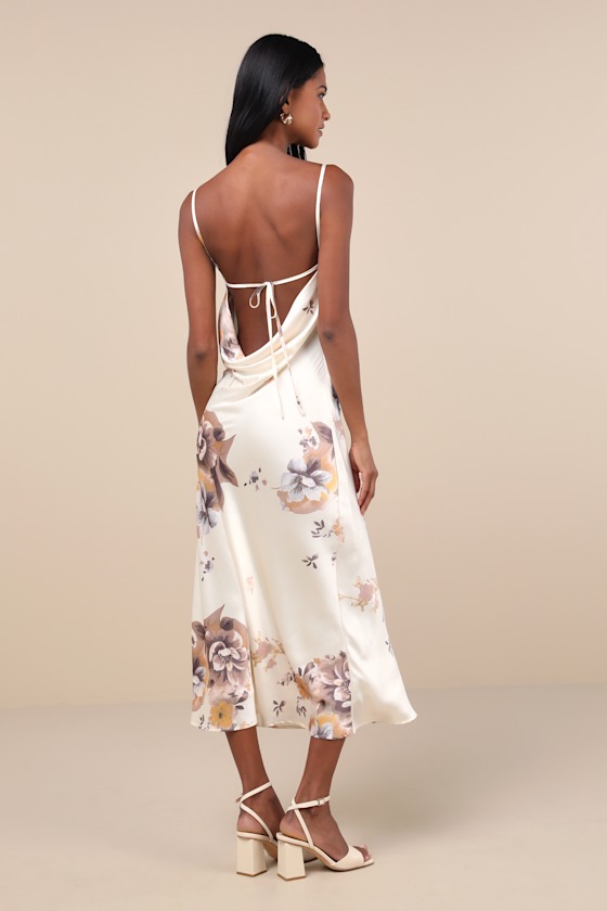 Certified Stunning Beige Satin Floral Lace-Up Midi Dress 2
