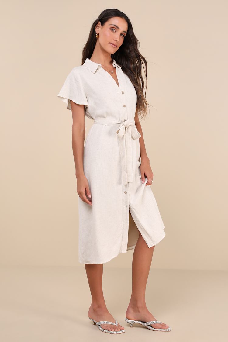 Italian Summer Beige Linen Button-Up Short Sleeve Midi Dress