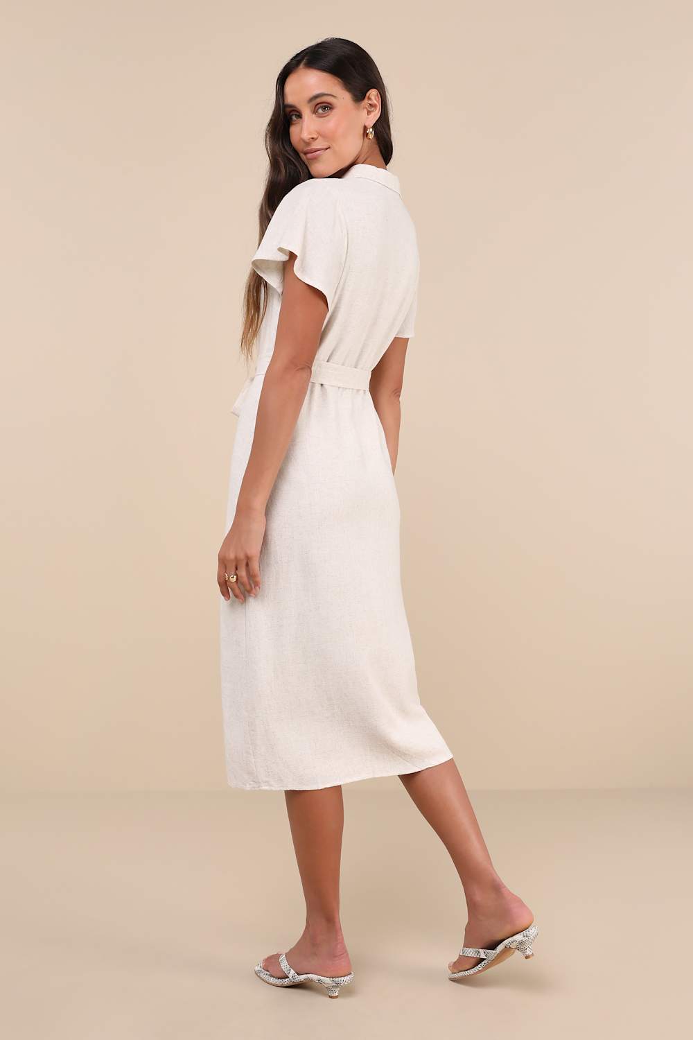 Italian Summer Beige Linen Button-Up Short Sleeve Midi Dress