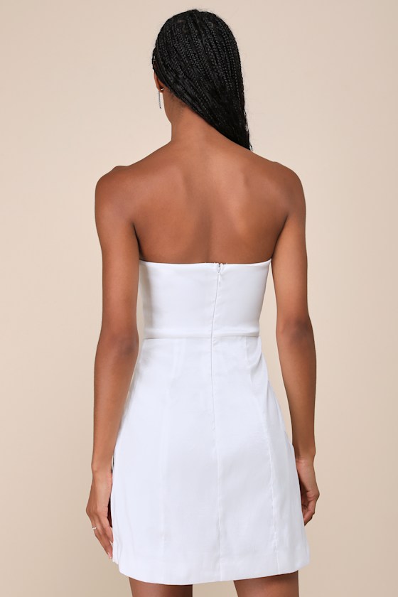 White Taffeta Dress - Strapless Mini Dress - Cutout Bow
