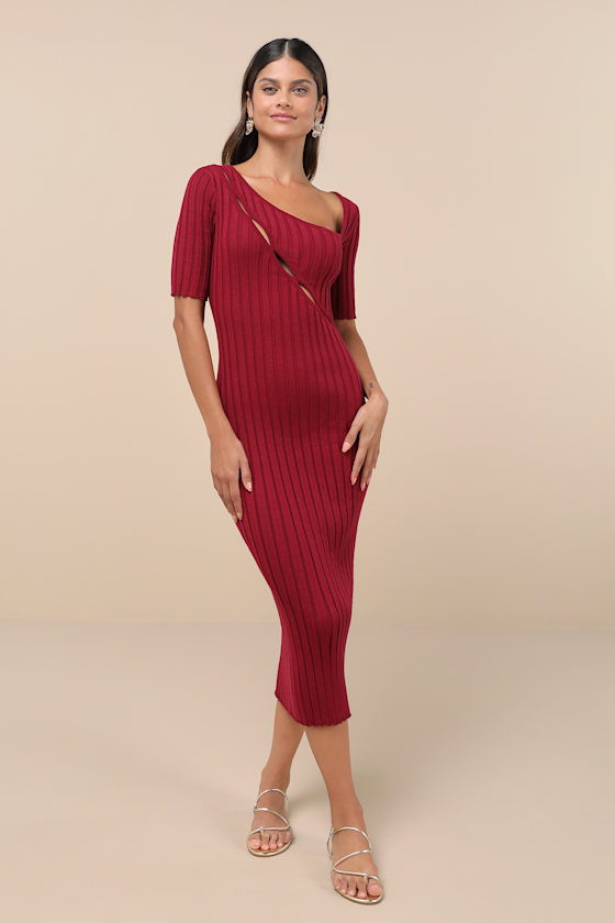 Berry Pink Ribbed Dress - Asymmetrical Cutout Dress - Midi