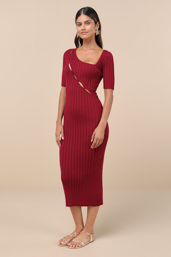 Lulus Flattering Aura Berry Pink Ribbed Asymmetrical Cutout Midi Dress In Berry Pink