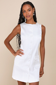 Sophisticated Icon White Satin Button-Up Mini Dress With Pockets