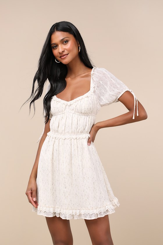 Ivory Floral Lace Dress - Ruffled Puff Sleeve Dress - Mini Dress - Lulus