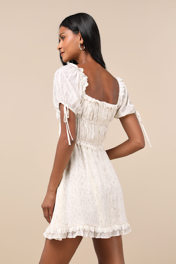 Ivory Floral Lace Dress - Ruffled Puff Sleeve Dress - Mini Dress - Lulus