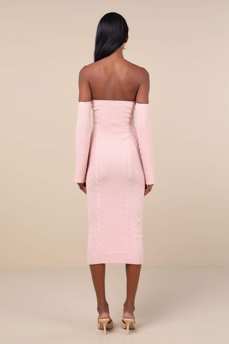 Cuddly Element Light Pink Cable Knit Off-the-Shoulder Midi Dress