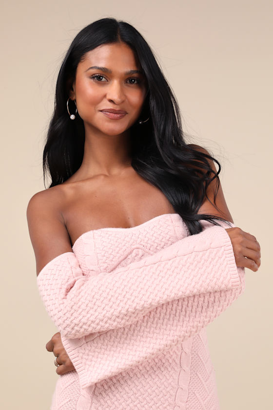 Lulus Cuddly Element Light Pink Cable Knit Off-the-shoulder Midi Dress In Light Pink