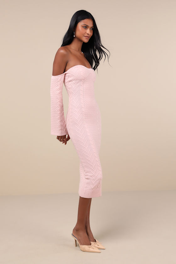 Lulus Cuddly Element Light Pink Cable Knit Off-the-shoulder Midi Dress In Light Pink