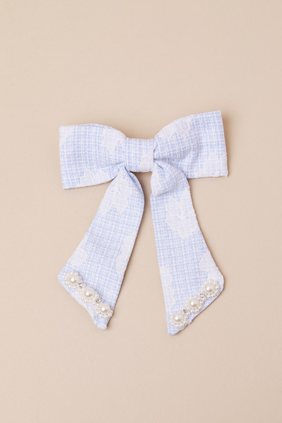 Sister Jane Rodeo - Blue Tweed Hair Bow - Pearl Bow Barrette Sister Jane Rodeo - Blue Tweed Hair Bow - Pearl Bow Barrette