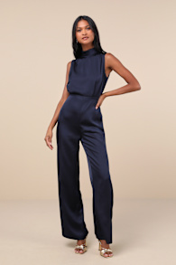Classic Elegance Navy Blue Satin Sleeveless Mock Neck Jumpsuit 1