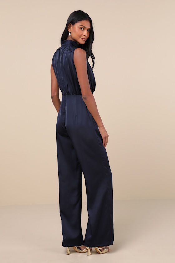 Lulus Classic Elegance Navy Blue Satin Sleeveless Mock Neck Jumpsuit In Navy Blue