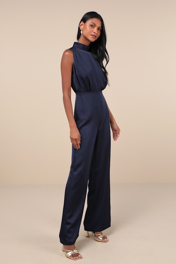 Lulus Classic Elegance Navy Blue Satin Sleeveless Mock Neck Jumpsuit In Navy Blue