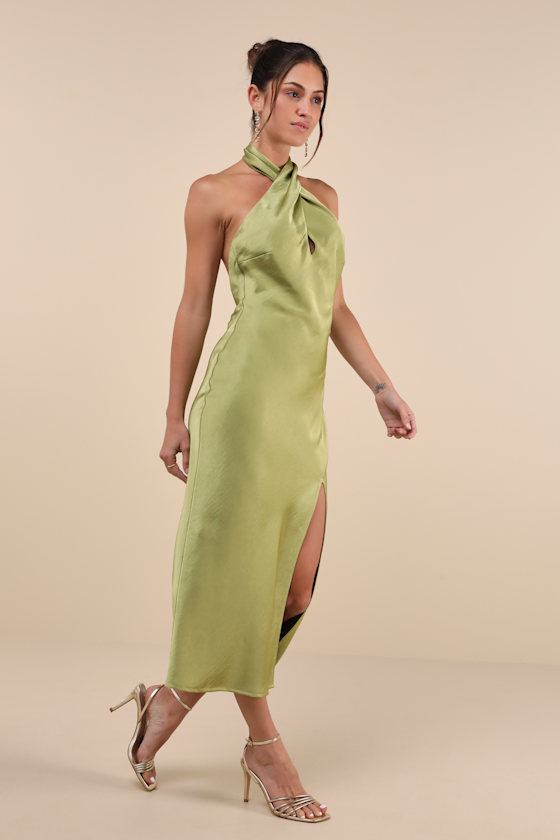Lulus Beyond Classy Chartreuse Satin Halter Midi Dress In Green