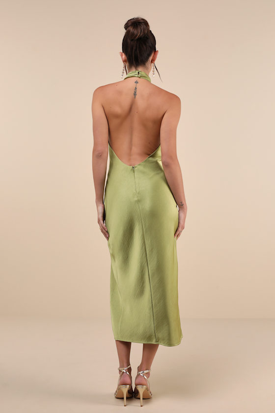 Lulus Beyond Classy Chartreuse Satin Halter Midi Dress In Green
