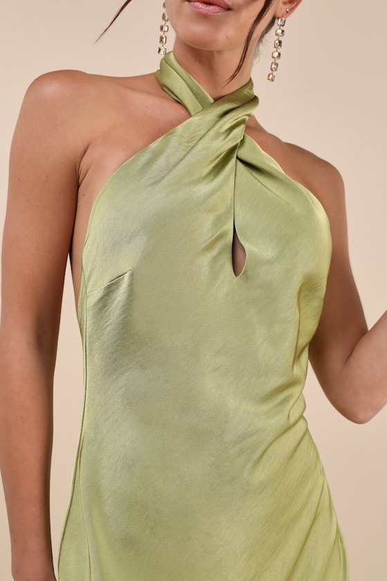 Lulus Beyond Classy Chartreuse Satin Halter Midi Dress In Green