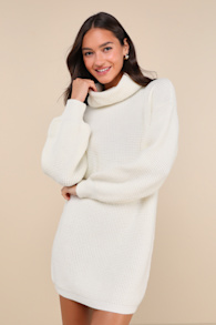 Casual Coziness Ivory Waffle Knit Cowl Neck Sweater Dress 5