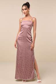 Prettiest Charm Brown Polka Dot Satin Lace-Up Maxi Dress
