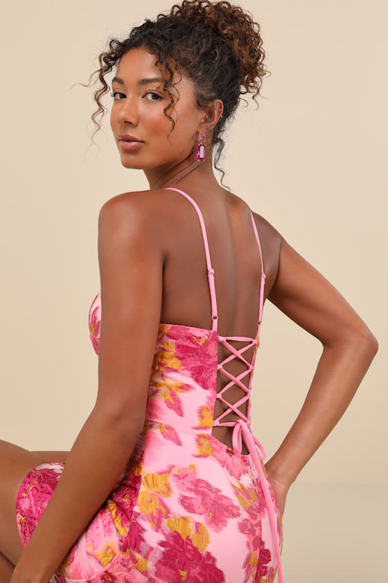 Flirtatious Composure Pink Jacquard Lace-Up Bustier Mini Dress 4