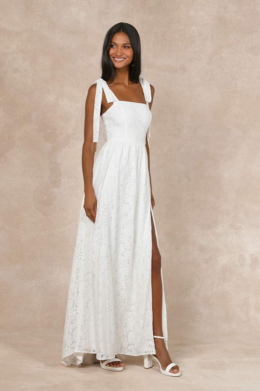 chinese dress ladies Short Story Ruffle Strap Criss-Cross Back Dress Floral Lace White main image 1