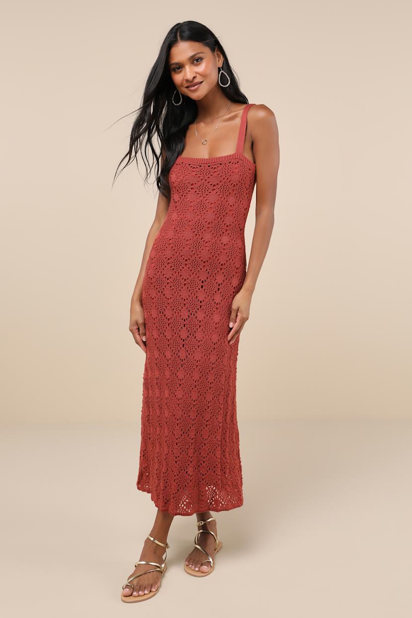 crochet midi sweater dress Express Women's Open Stitch Crochet Halter Midi Sweater Dress in Brown Small