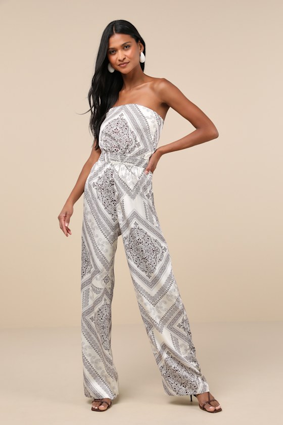 Lulus Western Direction Ivory Scarf Print Satin Strapless Jumpsuit In Ivory