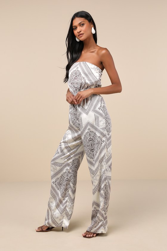 Lulus Western Direction Ivory Scarf Print Satin Strapless Jumpsuit In Ivory