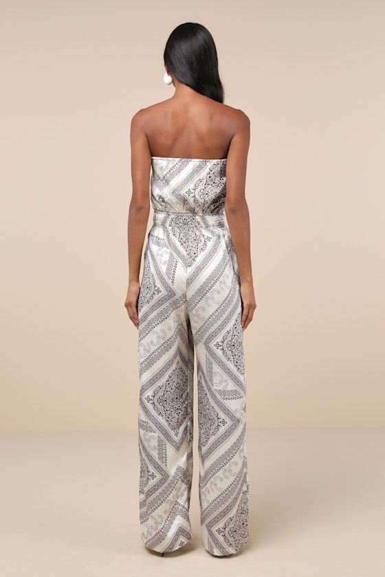 Lulus Western Direction Ivory Scarf Print Satin Strapless Jumpsuit In Ivory