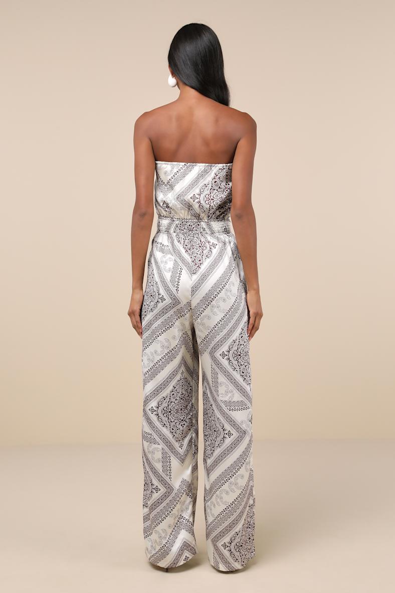 Western Direction Ivory Scarf Print Satin Strapless Jumpsuit