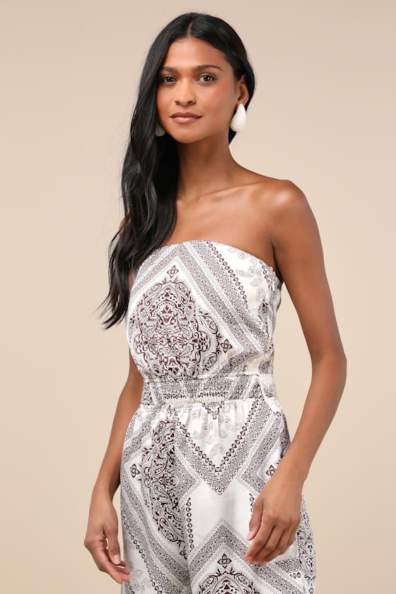 Lulus Western Direction Ivory Scarf Print Satin Strapless Jumpsuit In Ivory