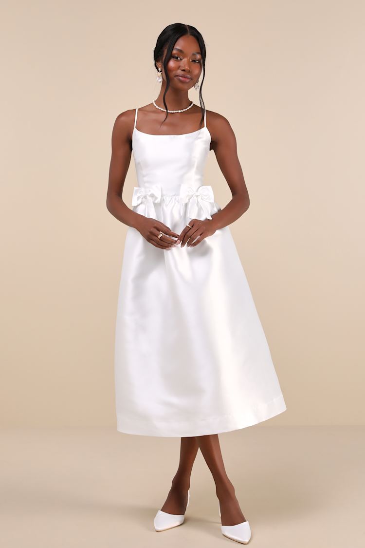 white dress for women midi Odette Ruffle Mock Neck Tiered Midi Dress - White $138