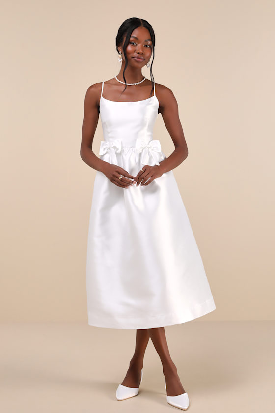 Classy Aesthetic White Taffeta Bow Midi Dress With Pockets 2