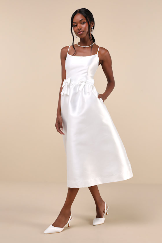 LULUS CLASSY AESTHETIC WHITE TAFFETA BOW MIDI DRESS WITH POCKETS