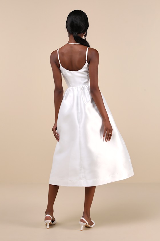 LULUS CLASSY AESTHETIC WHITE TAFFETA BOW MIDI DRESS WITH POCKETS