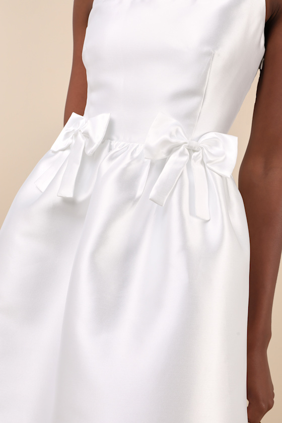 LULUS CLASSY AESTHETIC WHITE TAFFETA BOW MIDI DRESS WITH POCKETS
