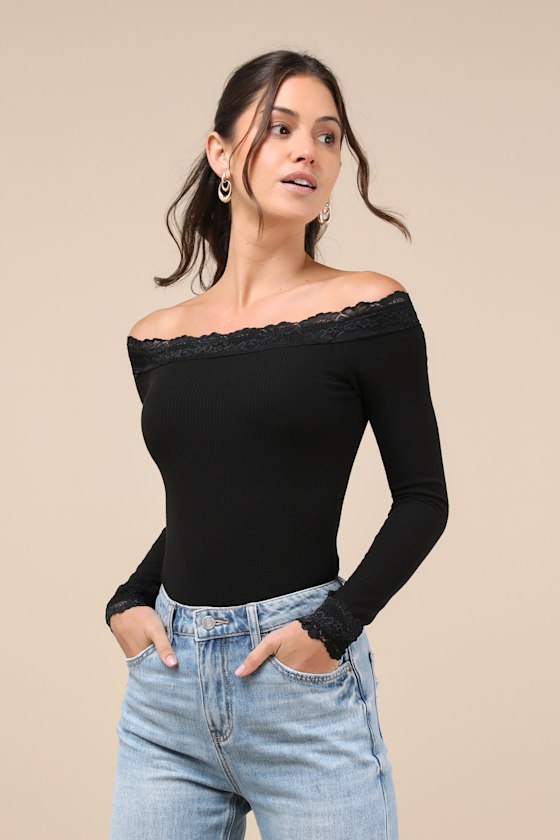 Skilled Poise Black Ribbed Off-the-Shoulder Lace Bodysuit 2
