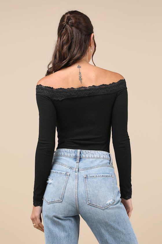 Skilled Poise Black Ribbed Off-the-Shoulder Lace Bodysuit 3