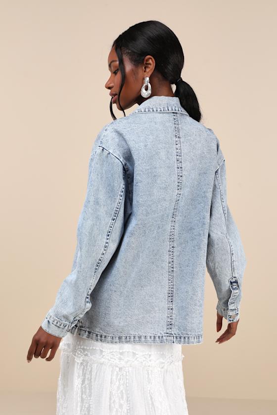 Lulus Chill Charm Light Wash Denim Button-up Shacket In Blue