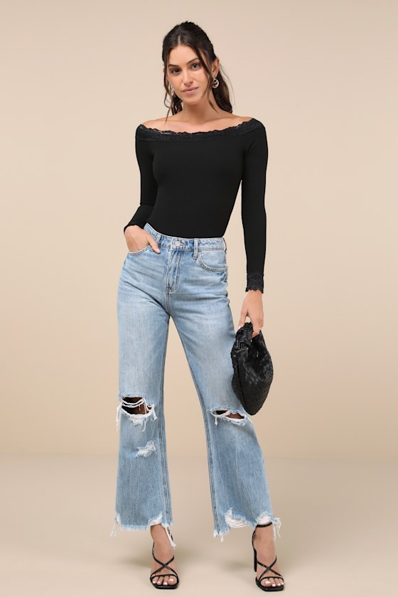 Lulus Cutely Charming Black Off-the-shoulder Long Sleeve Top In Black