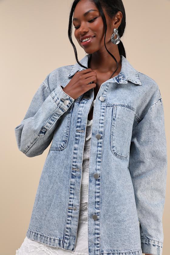 Lulus Chill Charm Light Wash Denim Button-up Shacket In Blue