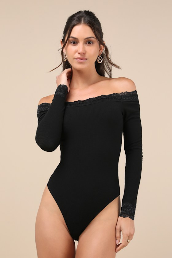 Lulus Cutely Charming Black Off-the-shoulder Long Sleeve Top In Black