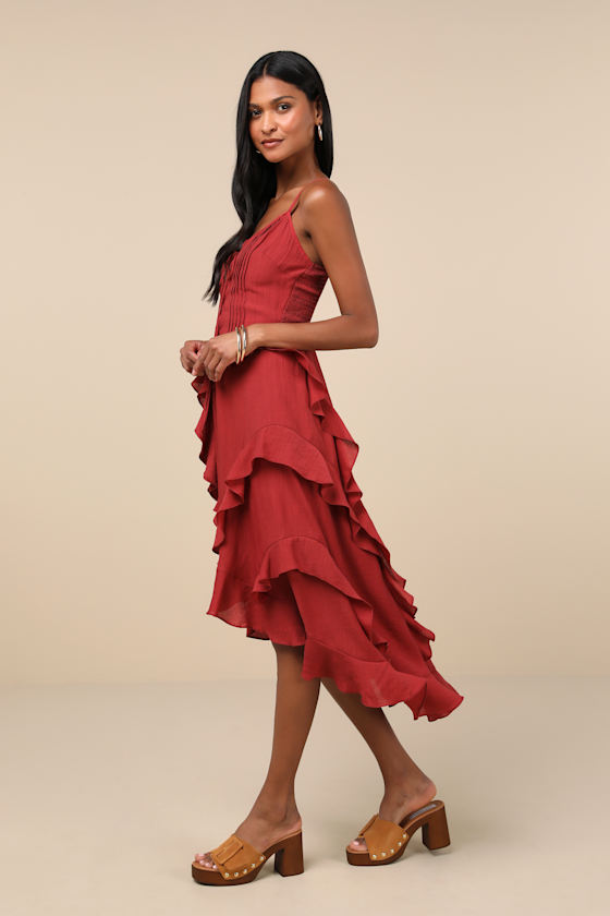 Shop Lulus Playful Style Brick Red Lace-up Ruffled High-low Midi Dress